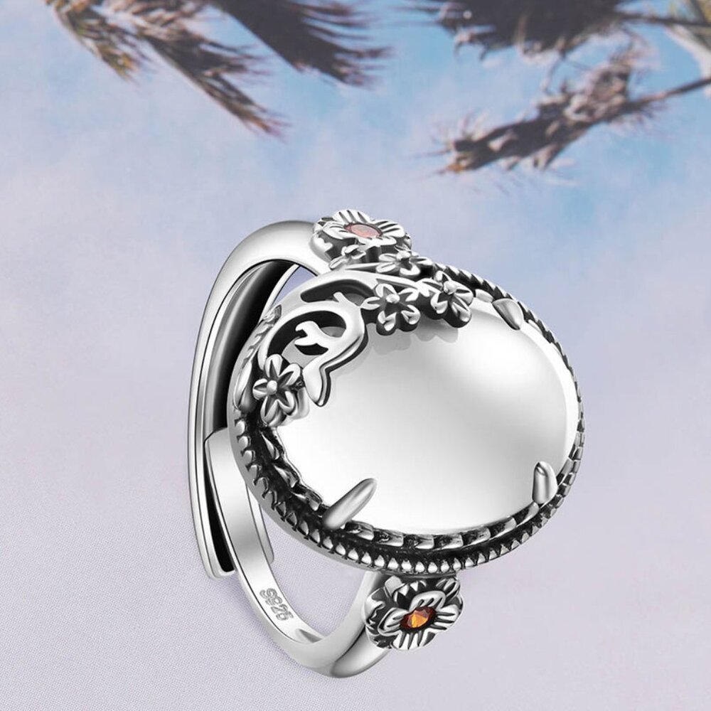 NWOT 925 Sterling Silver Scroll Flowers W Cats eye Adjustable ring Stamped S925